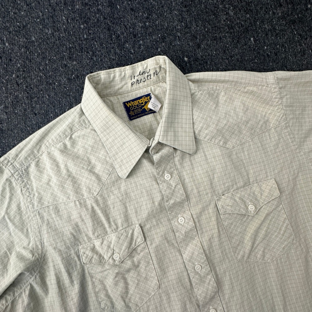 Vtg 80s Wrangler Gold Western Shirt Mens 18 short Beige Plaid Short Sleeve USA
